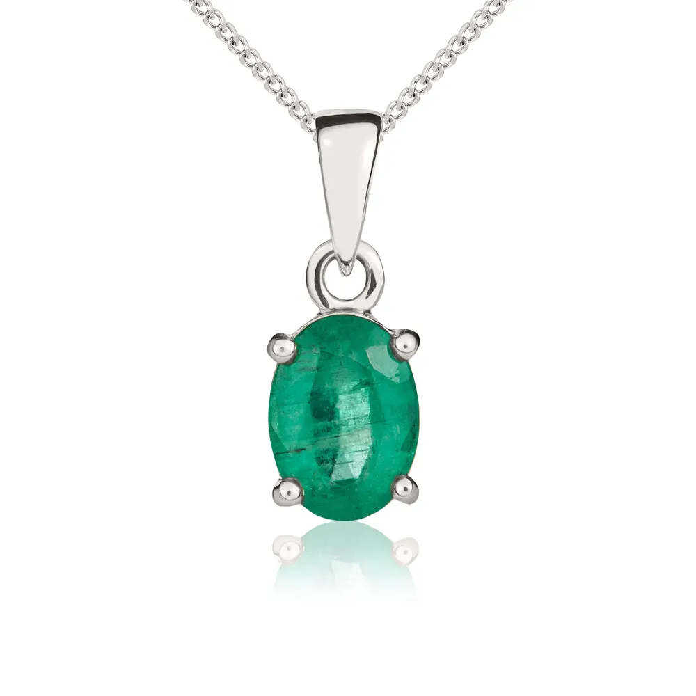 9ct White Gold Emerald 7x5mm Oval Claw Set Necklace