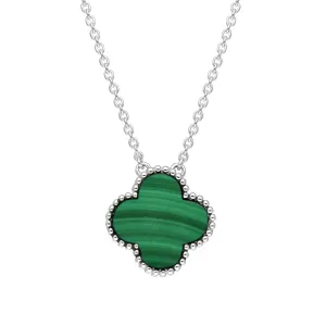 9ct White Gold Malachite Bloom Large Four Leaf Clover Ball Edge Chain Necklet