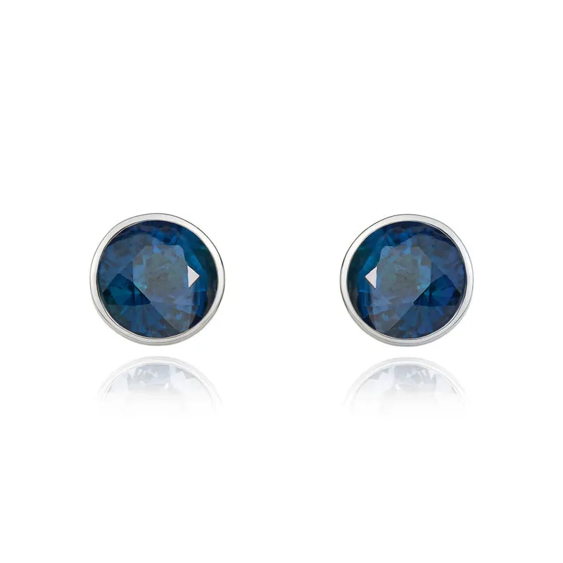 9ct White Gold Sapphire 5mm Round Rub Over Set Stud Earrings