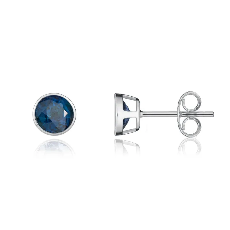 9ct White Gold Sapphire 5mm Round Rub Over Set Stud Earrings