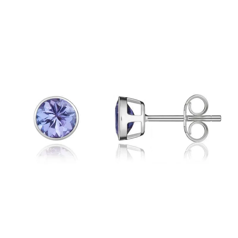 9ct White Gold Tanzanite 5mm Round Rub Over Set Pendant and Stud Earrings Set