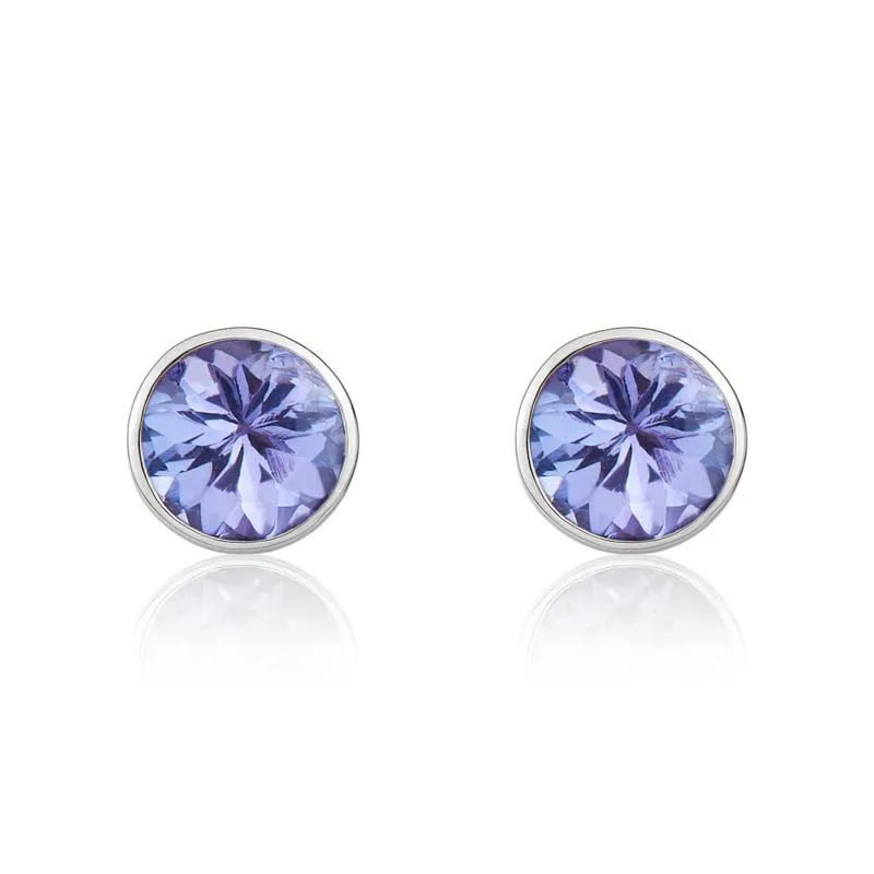 9ct White Gold Tanzanite 5mm Round Rub Over Set Pendant and Stud Earrings Set