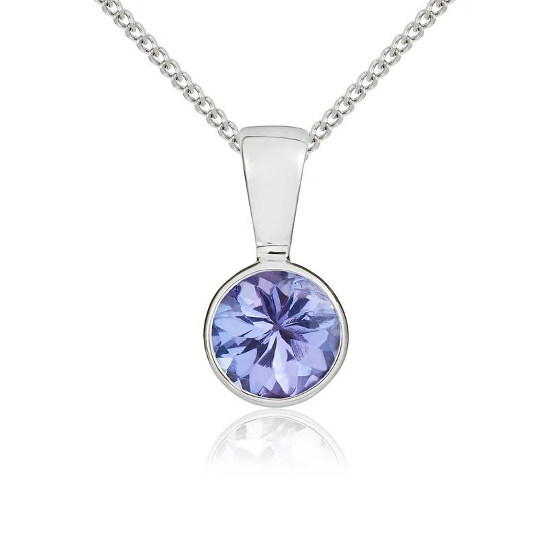 9ct White Gold Tanzanite 5mm Round Rub Over Set Pendant and Stud Earrings Set
