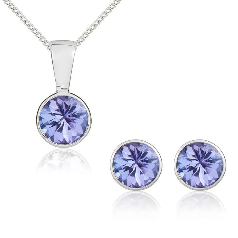 9ct White Gold Tanzanite 5mm Round Rub Over Set Pendant and Stud Earrings Set