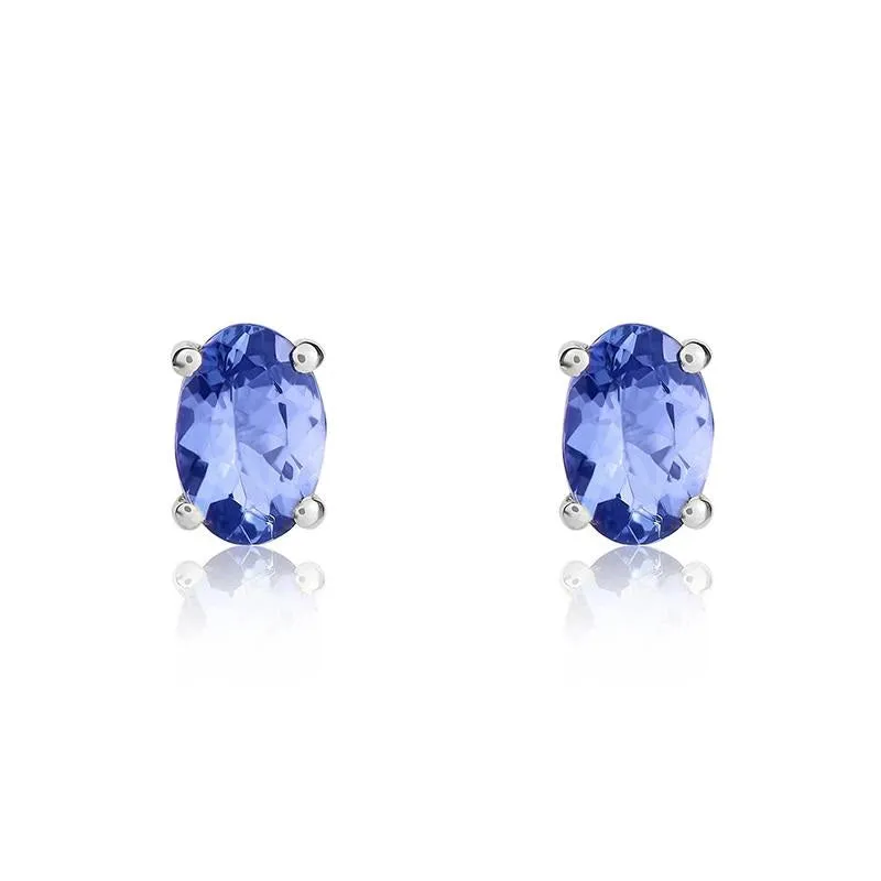 9ct White Gold Tanzanite 6x4mm Oval Claw Set Stud Earrings