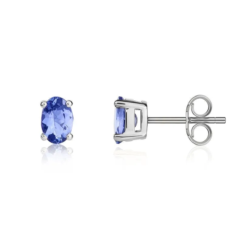 9ct White Gold Tanzanite 6x4mm Oval Claw Set Stud Earrings