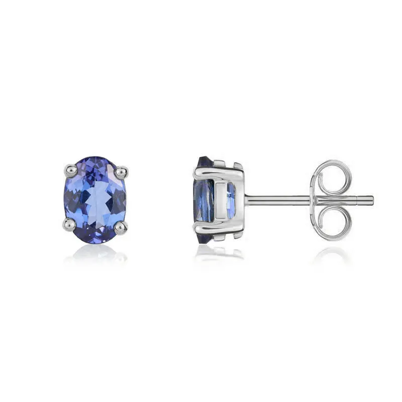 9ct White Gold Tanzanite 7x5mm Oval Claw Set Pendant and Stud Earrings Set