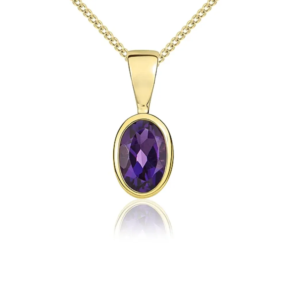 9ct Yellow Gold Amethyst 6x4mm Oval Rub Over Set Pendant