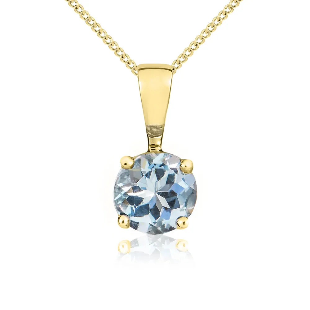 9ct Yellow Gold Aquamarine 5mm Round Claw Set Necklace