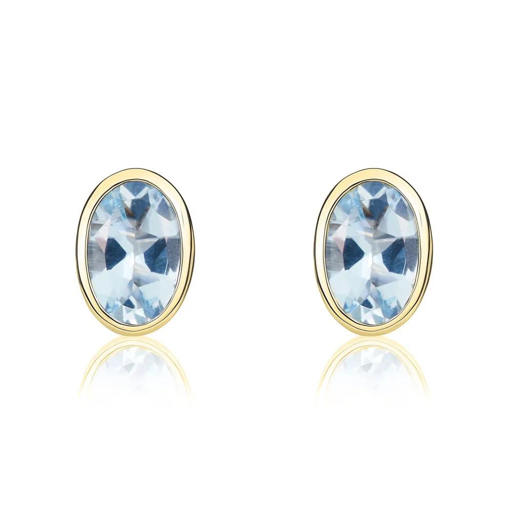 9ct Yellow Gold Aquamarine 6x4mm Oval Rub Over Set Stud Earrings