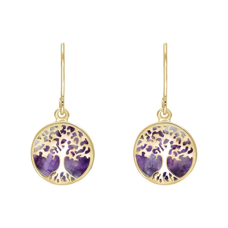 9ct Yellow Gold Blue John Round Tree of Life Drop Earrings