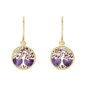 9ct Yellow Gold Blue John Round Tree of Life Drop Earrings