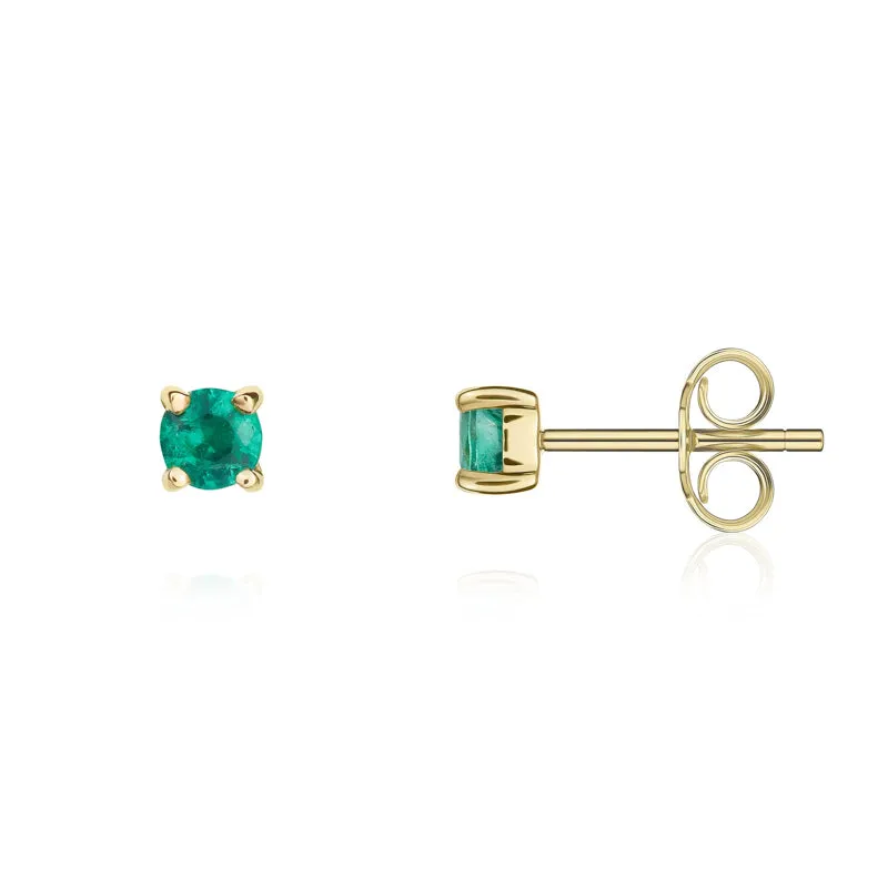 9ct Yellow Gold Emerald 3mm Round Claw Set Stud Earrings