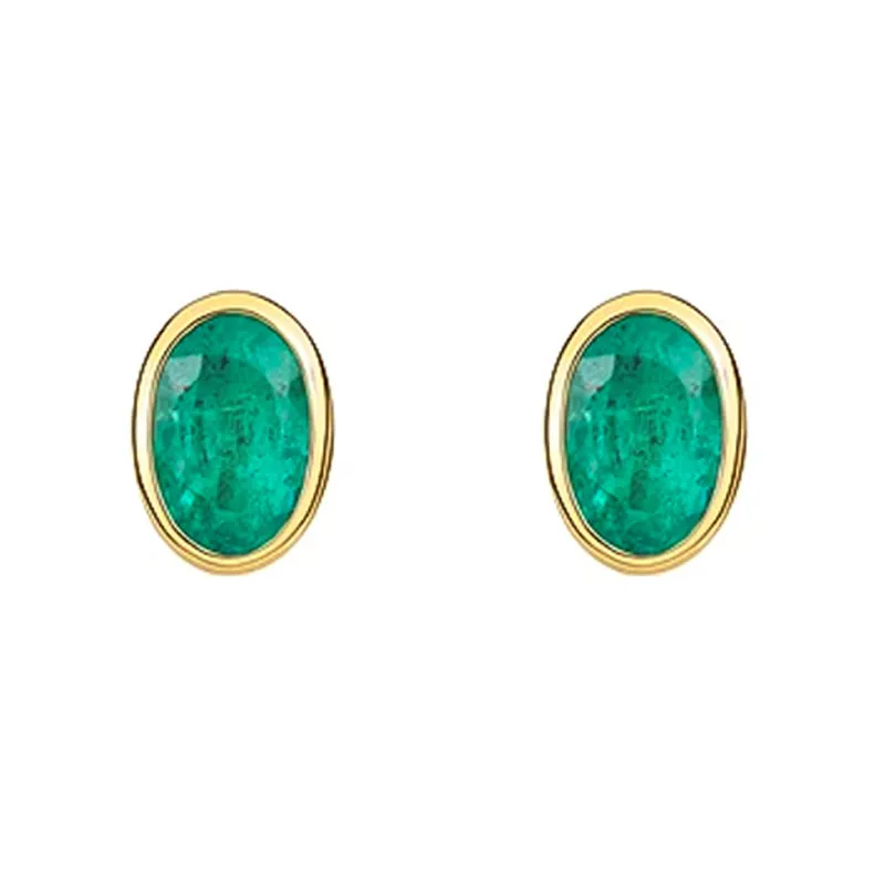 9ct Yellow Gold Emerald 6x4mm Oval Rub Over Set Stud Earrings