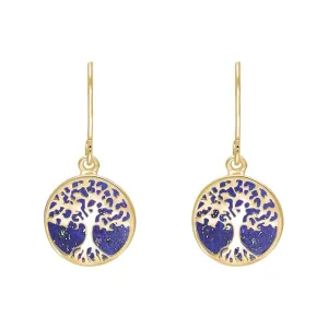 9ct Yellow Gold Lapis Lazuli Round Tree of Life Drop Earrings