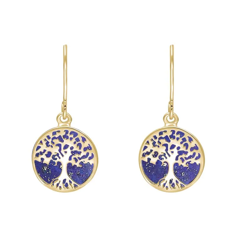 9ct Yellow Gold Lapis Lazuli Round Tree of Life Drop Earrings