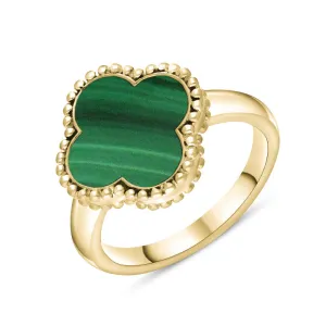9ct Yellow Gold Malachite Bloom Four Leaf Clover Ball Edge Ring