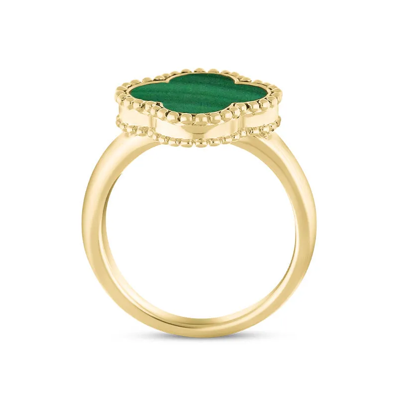 9ct Yellow Gold Malachite Bloom Four Leaf Clover Ball Edge Ring