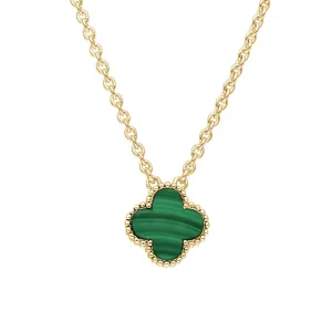 9ct Yellow Gold Malachite Bloom Small Four Leaf Clover Ball Edge Chain Necklace