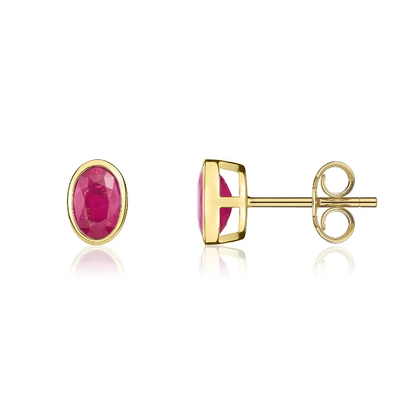 9ct Yellow Gold Ruby 6x4mm Oval Rub Over Set Stud Earrings