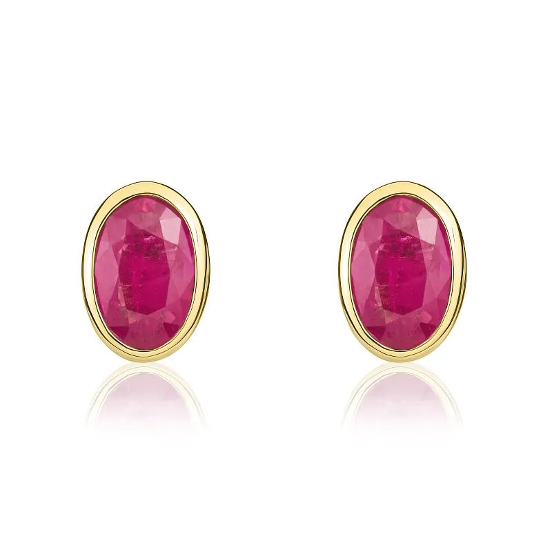 9ct Yellow Gold Ruby 6x4mm Oval Rub Over Set Stud Earrings