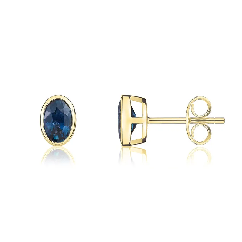 9ct Yellow Gold Sapphire 6x4mm Oval Rub Over Set Stud Earrings