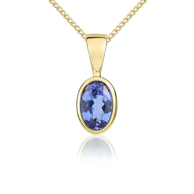 9ct Yellow Gold Tanzanite 6x4mm Oval Rub Over Set Pendant