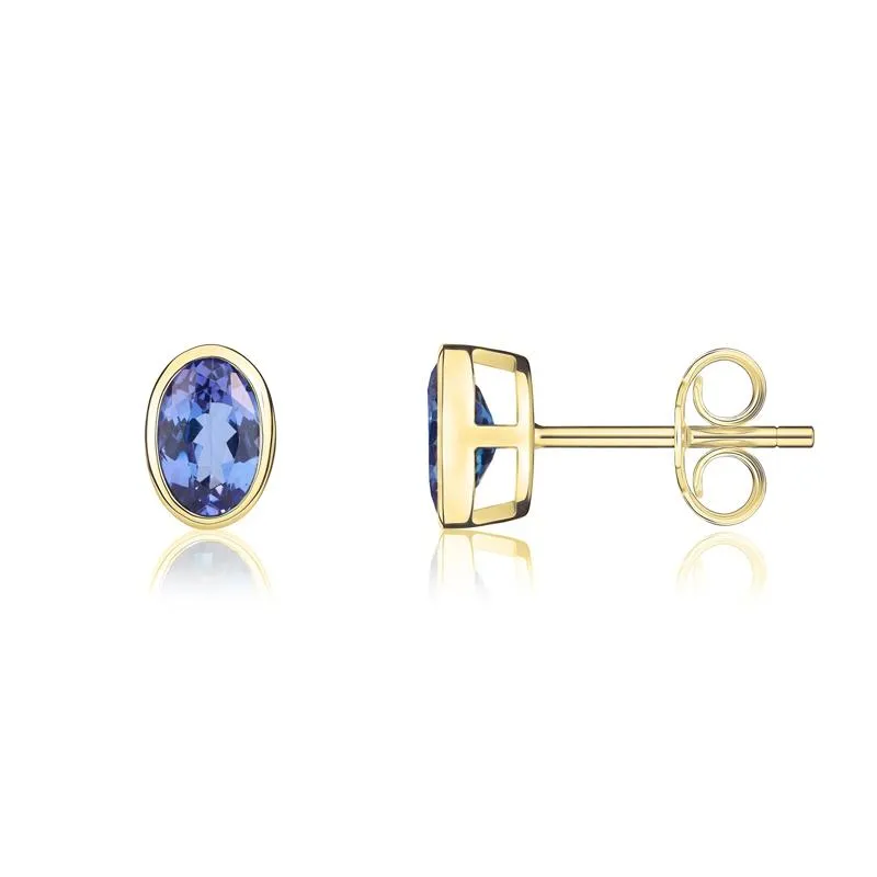 9ct Yellow Gold Tanzanite 6x4mm Oval Rub Over Set Stud Earrings