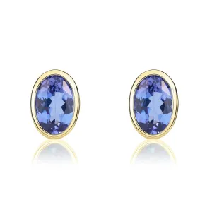 9ct Yellow Gold Tanzanite 6x4mm Oval Rub Over Set Stud Earrings