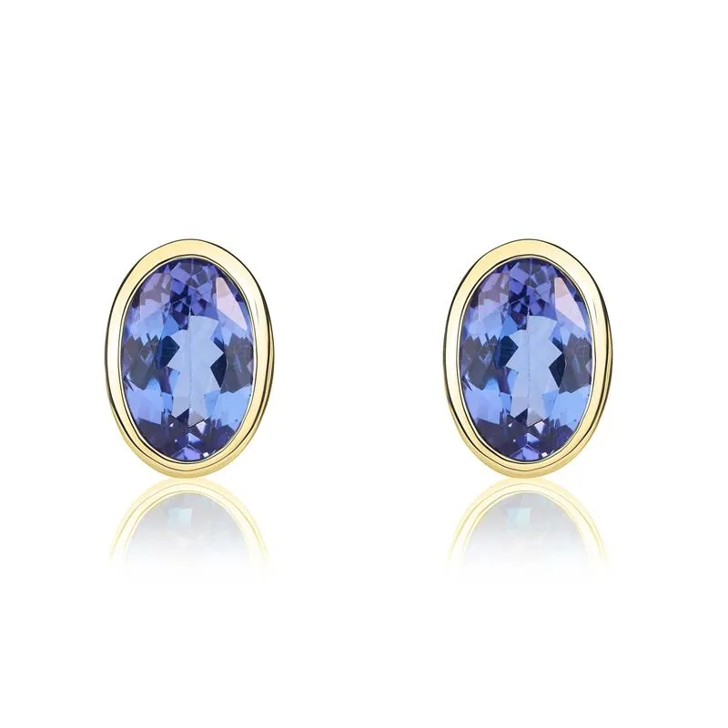9ct Yellow Gold Tanzanite 6x4mm Oval Rub Over Set Stud Earrings