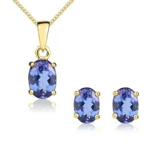 9ct Yellow Gold Tanzanite 7x5mm Oval Claw Set Pendant and Stud Earrings Set