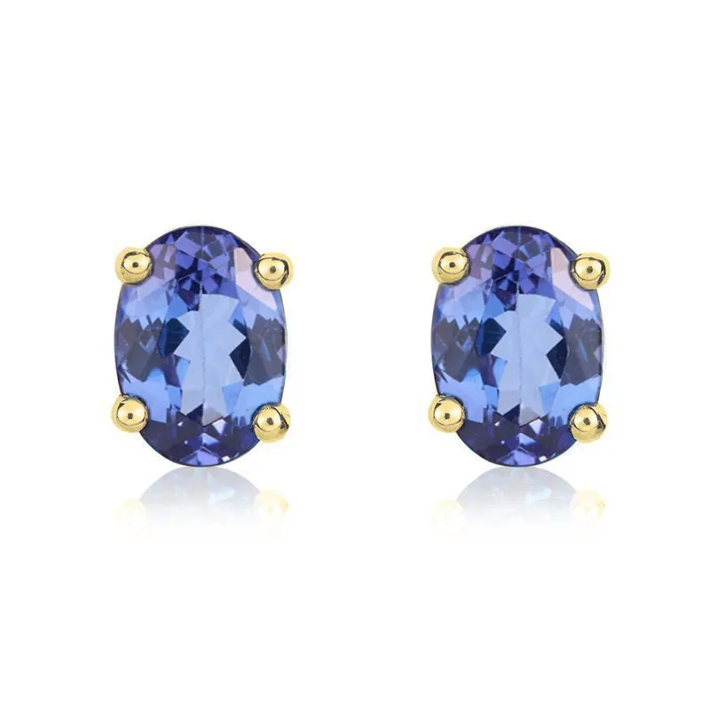 9ct Yellow Gold Tanzanite 7x5mm Oval Claw Set Stud Earrings