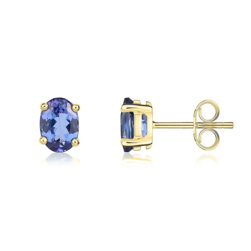 9ct Yellow Gold Tanzanite 7x5mm Oval Claw Set Stud Earrings