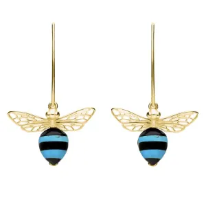 9ct Yellow Gold Turquoise Whitby Jet Bee Small Hook Earrings