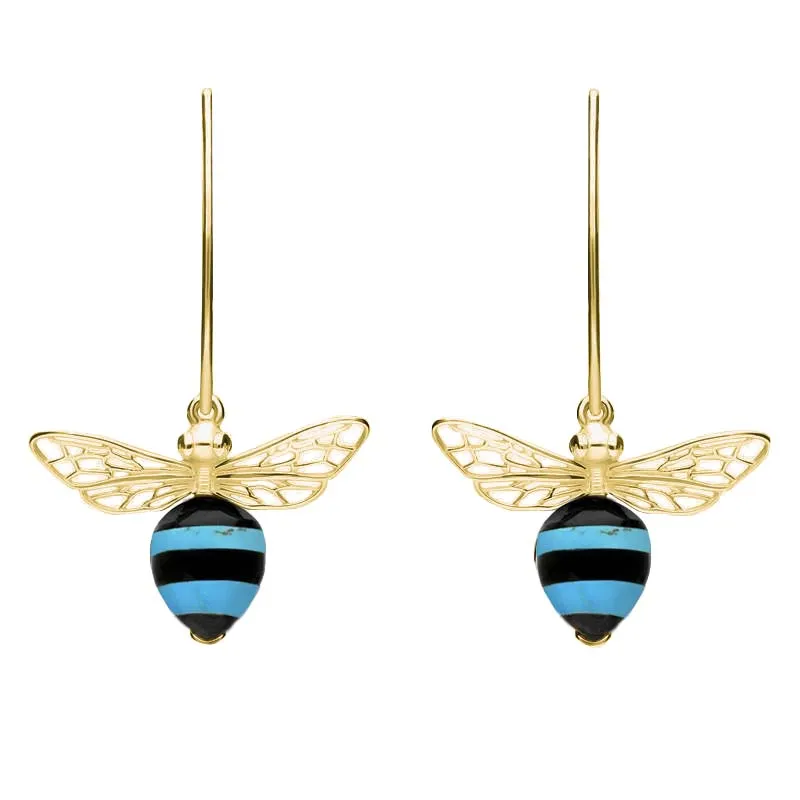 9ct Yellow Gold Turquoise Whitby Jet Bee Small Hook Earrings