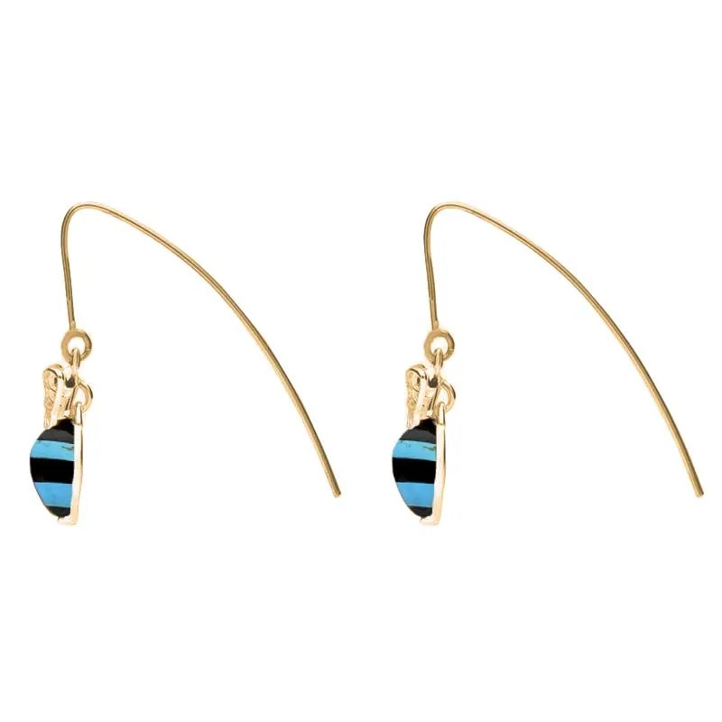 9ct Yellow Gold Turquoise Whitby Jet Bee Small Hook Earrings