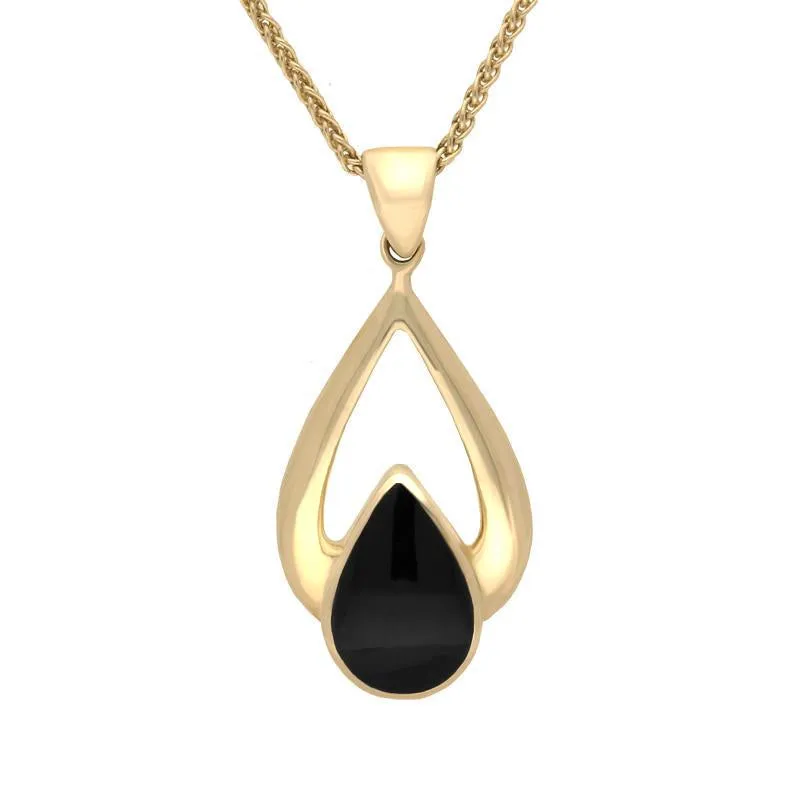 9ct Yellow Gold Whitby Jet Open Framed Pear Drop Necklace