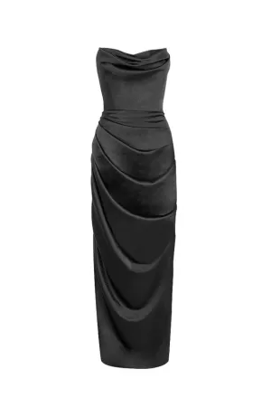 Adrienne Black Satin Strapless Corset Maxi by House of CB