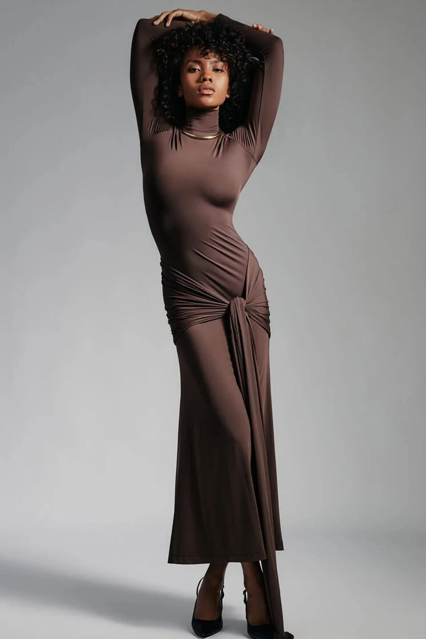 Alix Maxi Tie Front Dress In Chocolate By Bardot