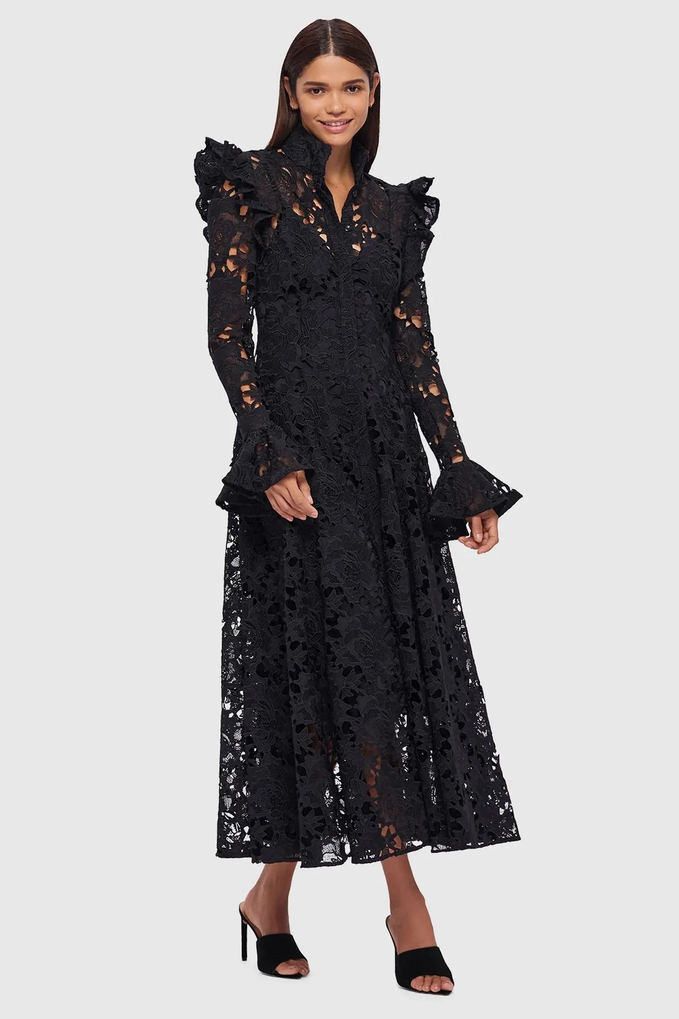 Aliyah Lace Butterfly Sleeve Midi Dress Ebony by Leo Lin