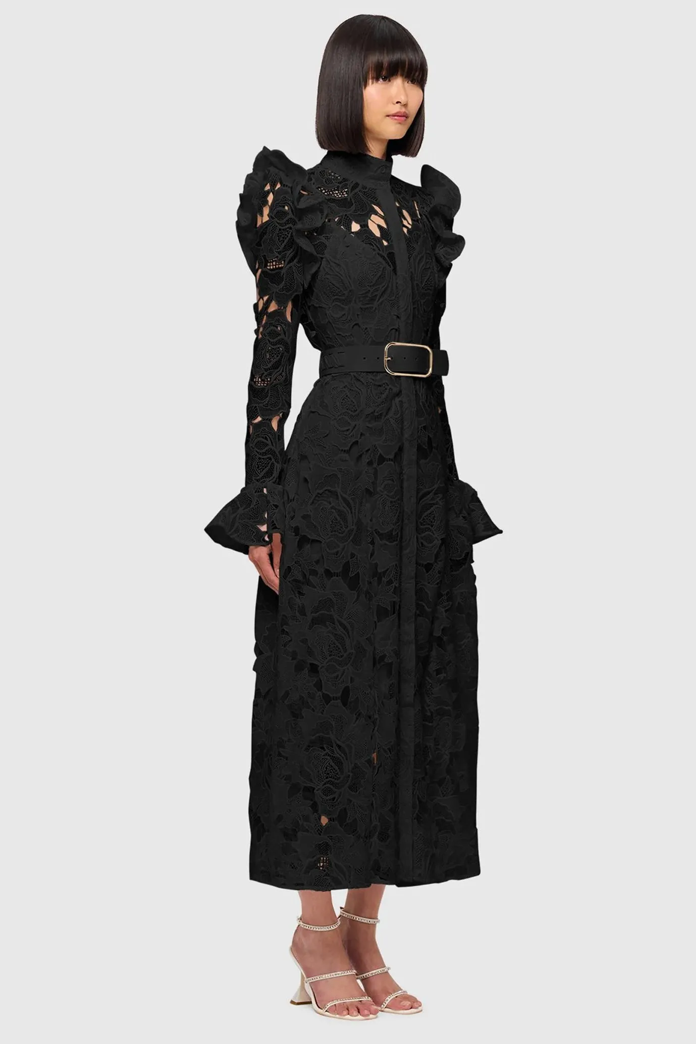 Aliyah Lace Butterfly Sleeve Midi Dress Ebony by Leo Lin