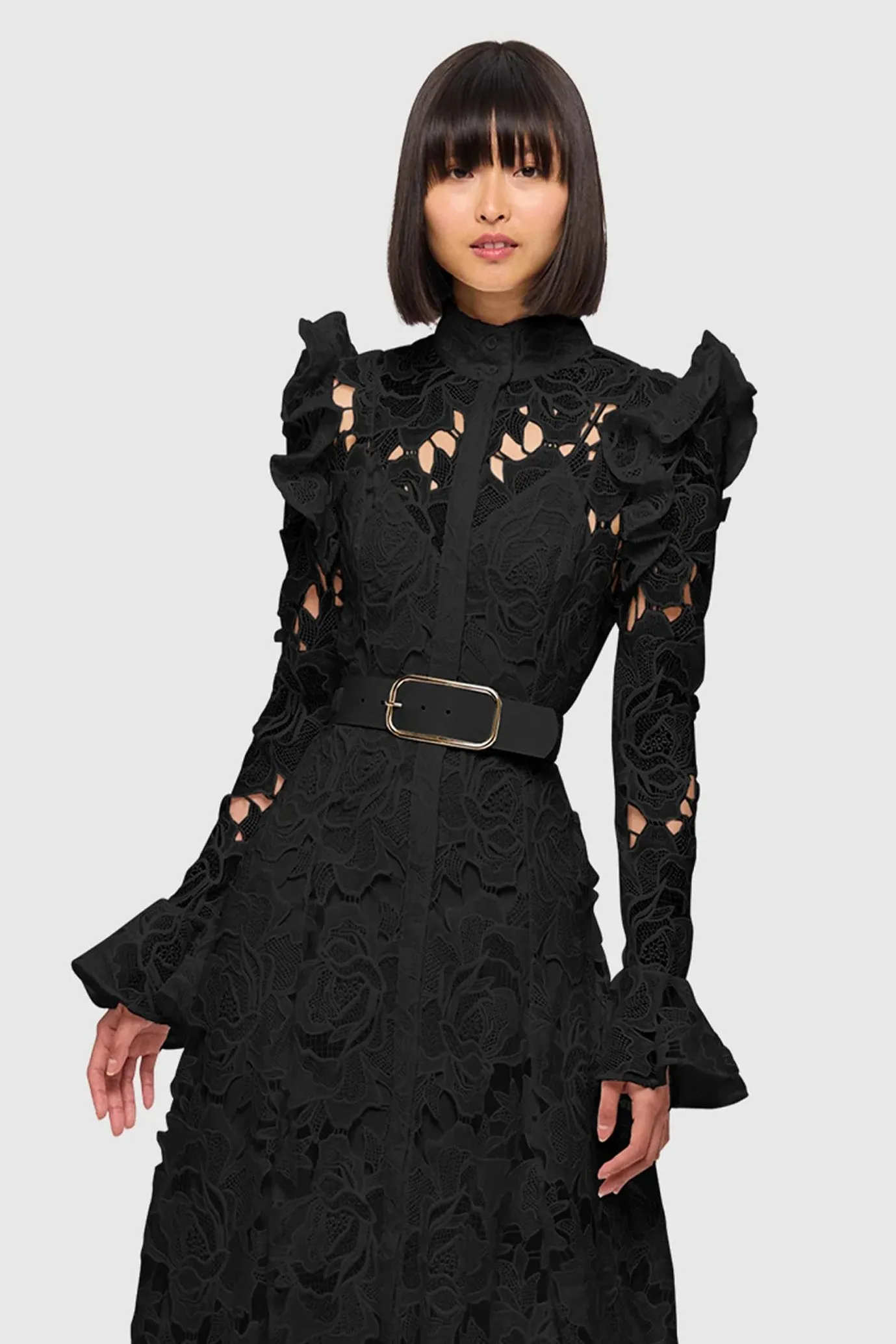 Aliyah Lace Butterfly Sleeve Midi Dress Ebony by Leo Lin