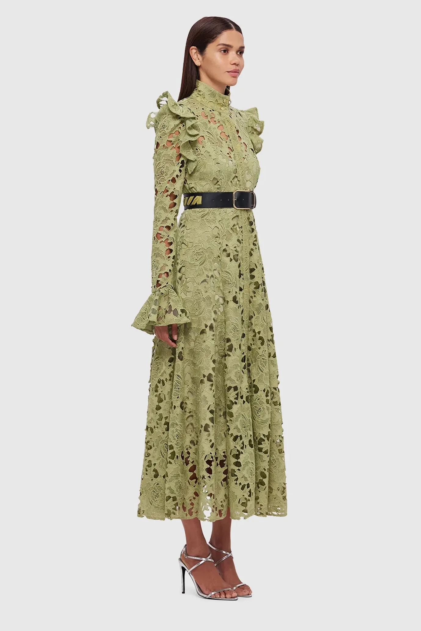 Aliyah Lace Butterfly Sleeve Midi Dress Olive by Leo Lin