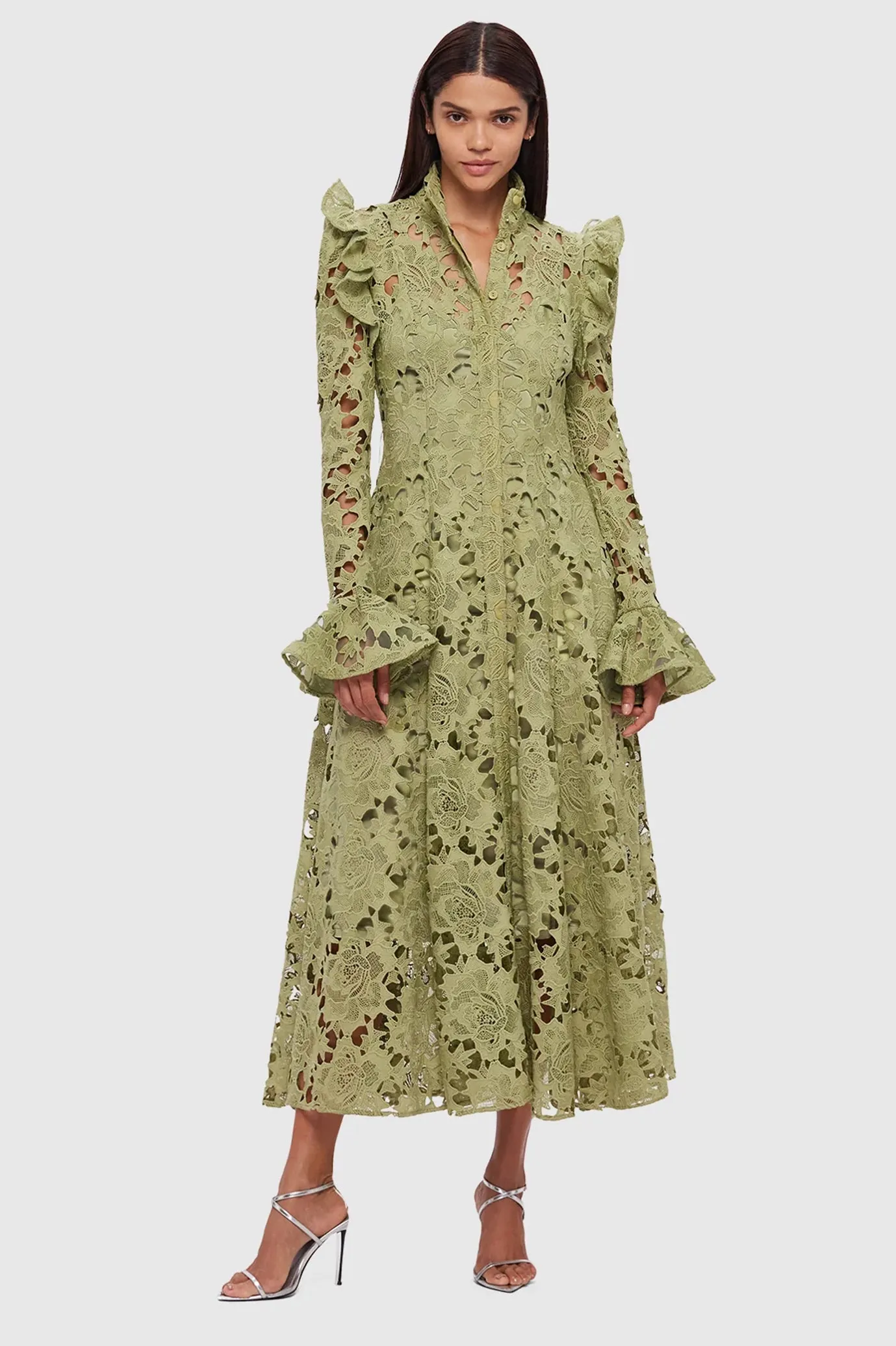Aliyah Lace Butterfly Sleeve Midi Dress Olive by Leo Lin