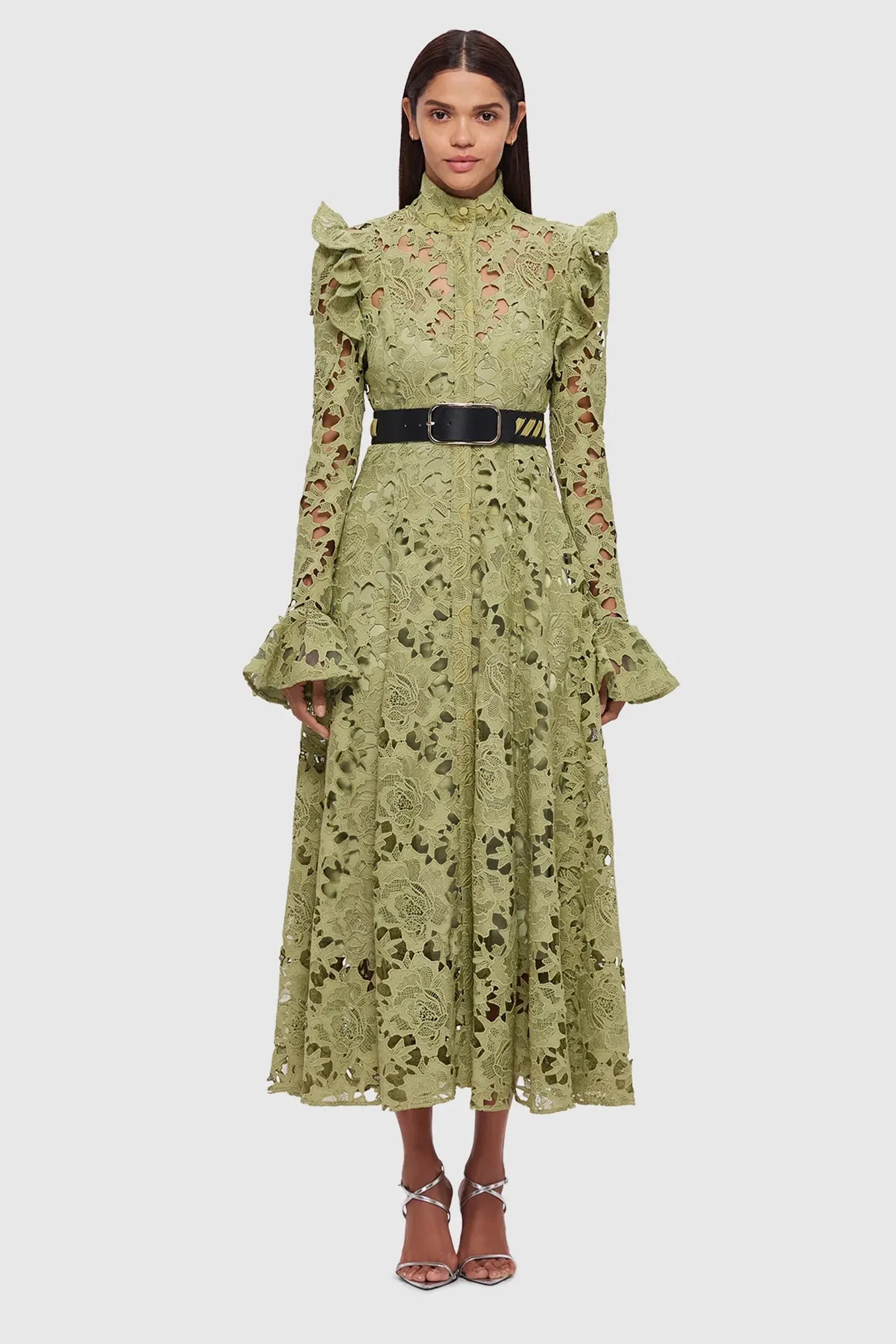 Aliyah Lace Butterfly Sleeve Midi Dress Olive by Leo Lin