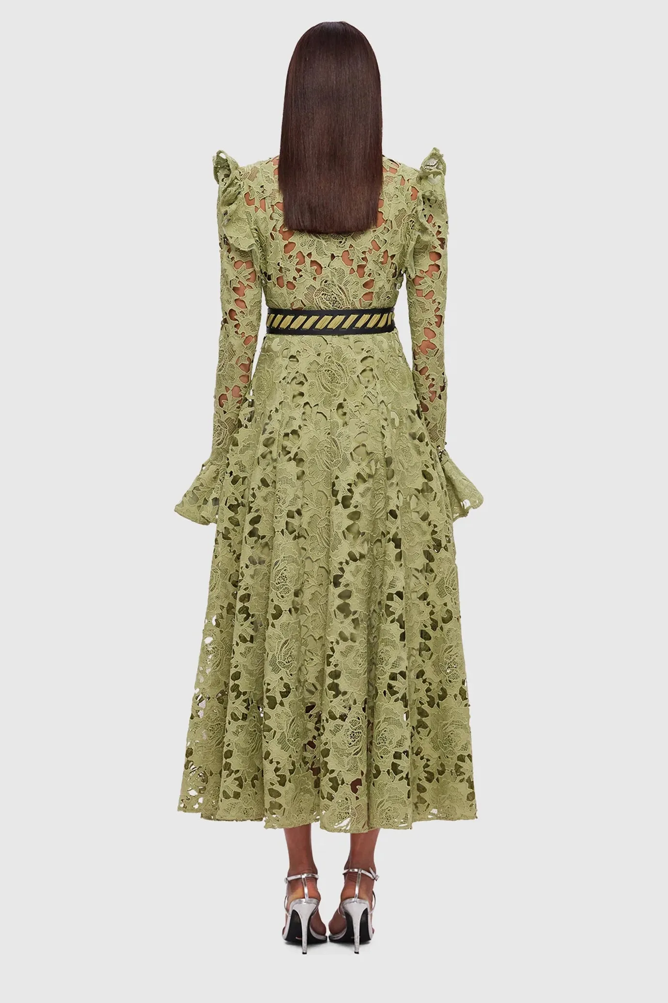 Aliyah Lace Butterfly Sleeve Midi Dress Olive by Leo Lin