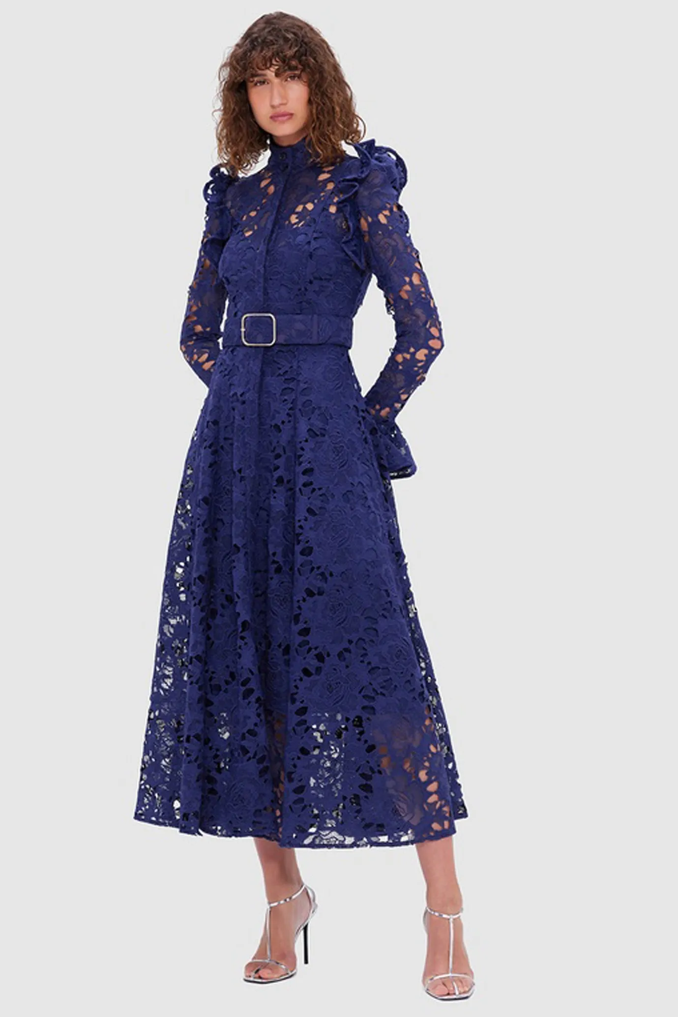 Aliyah Lace Butterfly Sleeve Midi Dress Oxford Blue by Leo Lin