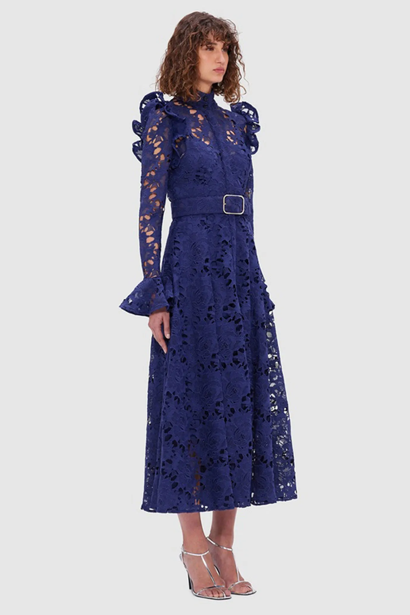 Aliyah Lace Butterfly Sleeve Midi Dress Oxford Blue by Leo Lin