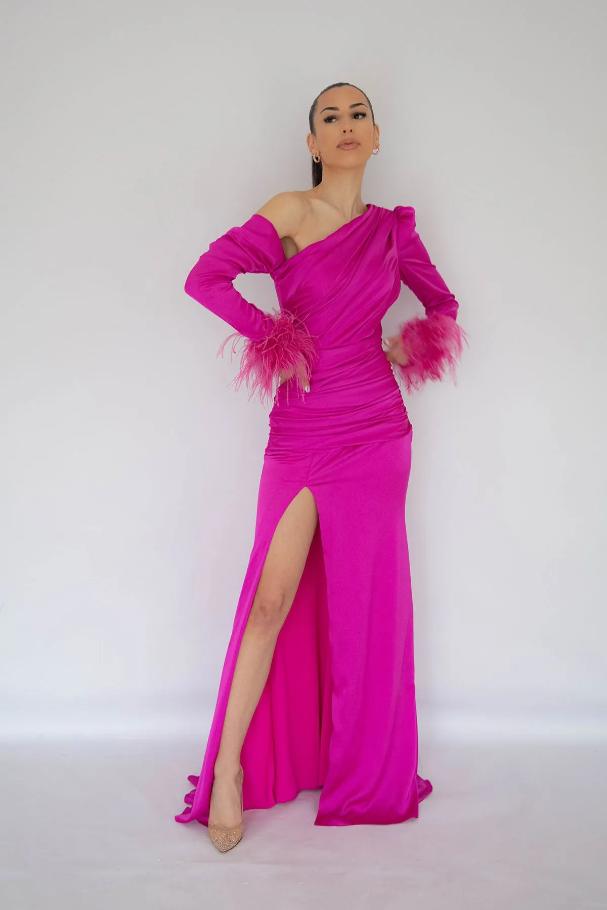 Alyssa Feather Gown Electric Pink by HSH