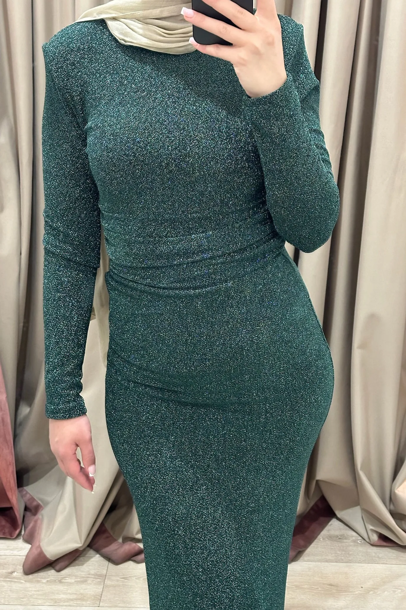 Amani Fitted Stretch Metallic Dress Green by Fatima K Designs